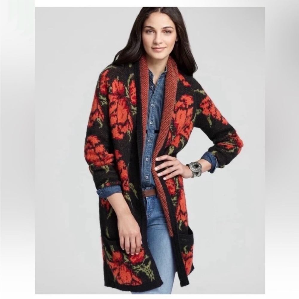 Free People Cardigan Black Red Floral Rose  Duster Wool Alpaca